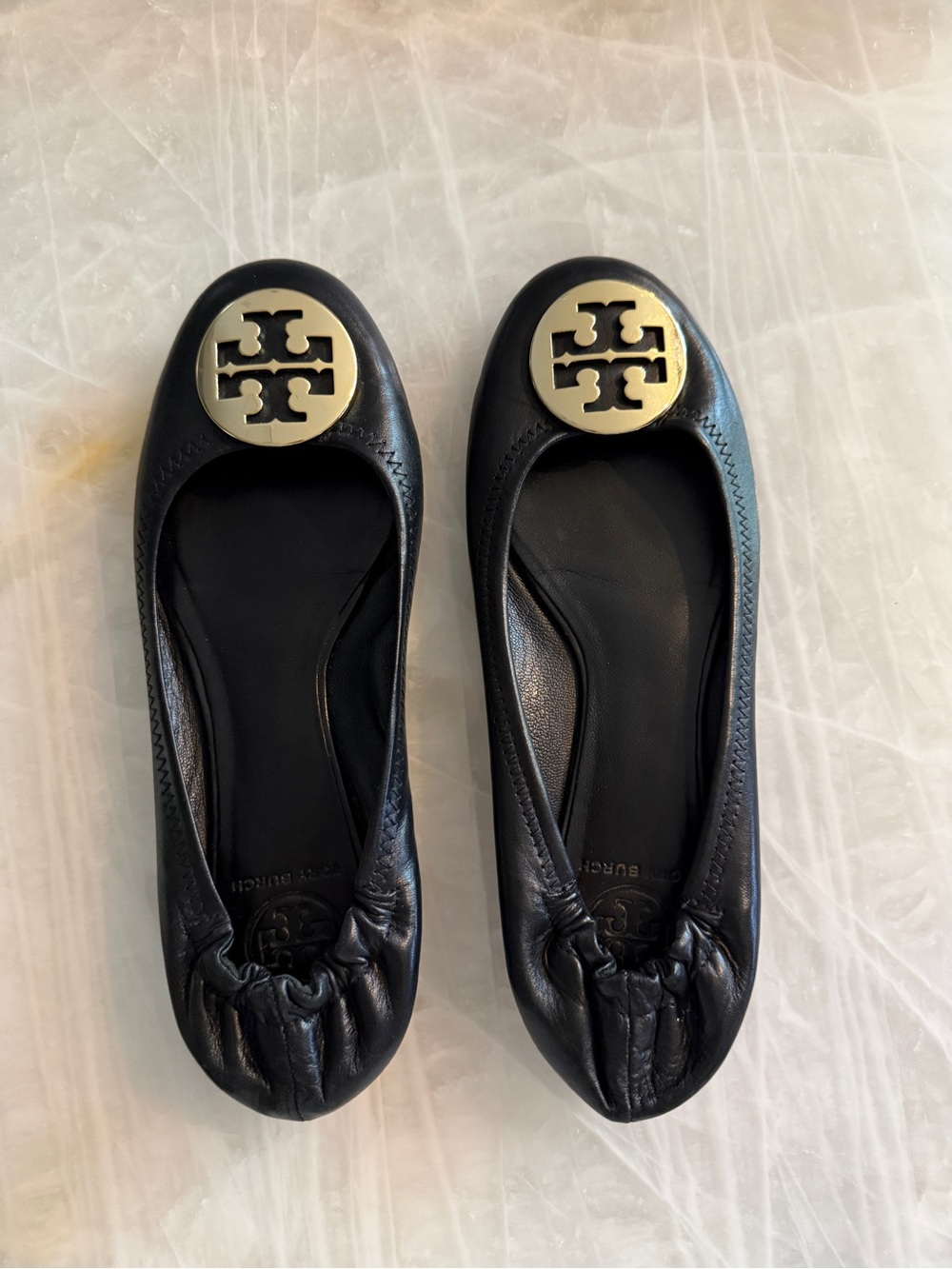 Tory Burch Black Leather Logo Ballet Flats with Gold Emblem